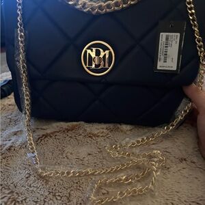 Badgley Mischka Navy Quilted Shoulder Bag with Gold Chain